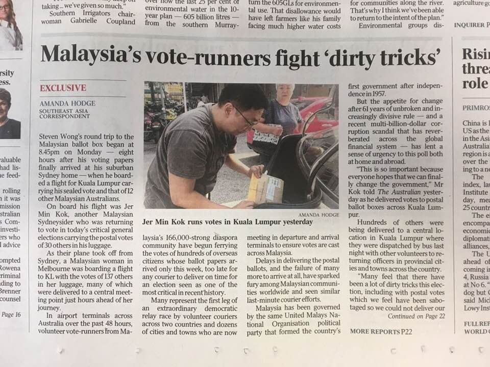 Facebook An Australian daily covered the story of one Malaysian who willingly helped fellow Malaysians there to hand-carry their votes back home.